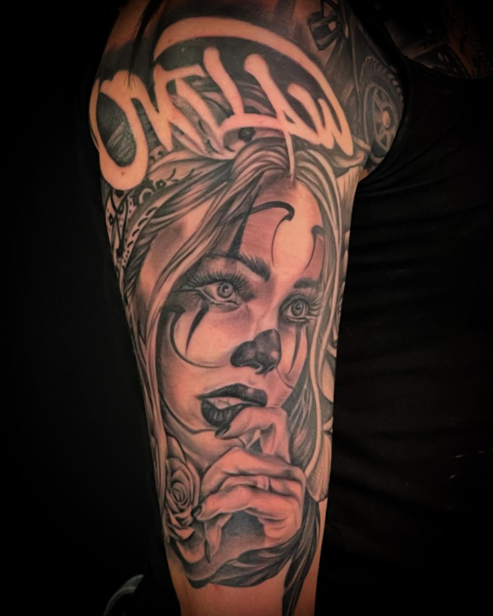Black and grey realism portrait tattoo by Jeremy Sramek
