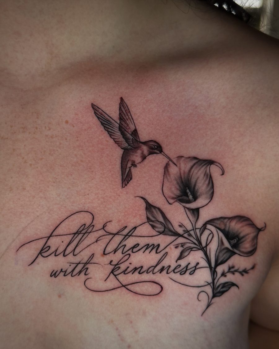 Fine line hummingbird tattoo with script lettering by Jeremy Sramek
