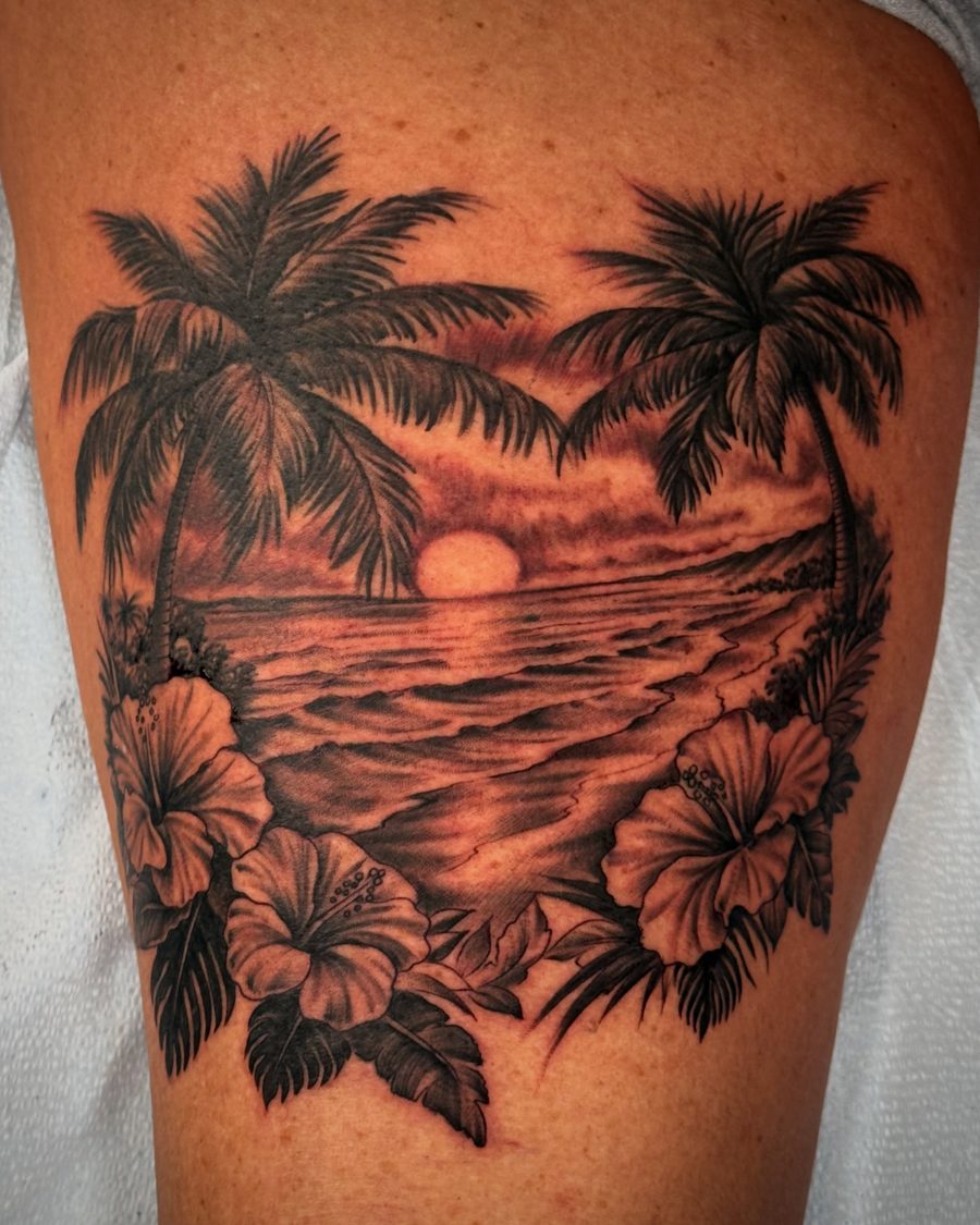 Palm trees and sunset tattoo in warm color by Jeremy Sramek