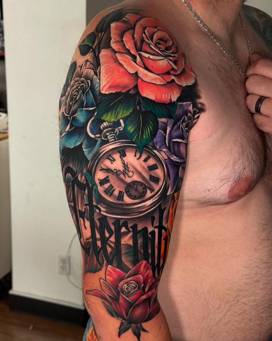 Pocket watch, roses and lettering, a color upper arm tattoo by Jeremy Sramek